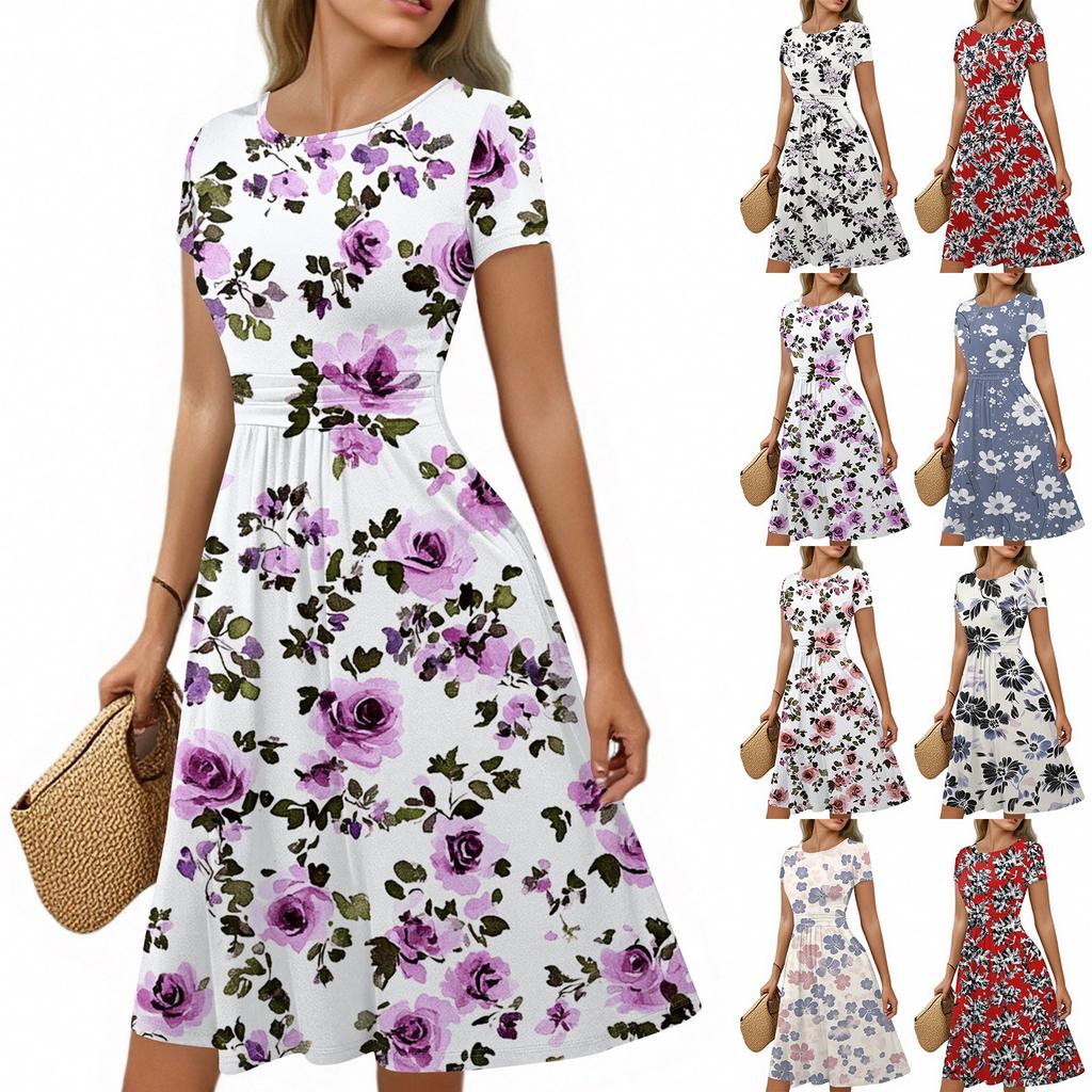 Women's Casual Fashion Round Neck Pleated Short Sleeve Retro Floral A-Line Midi Dress