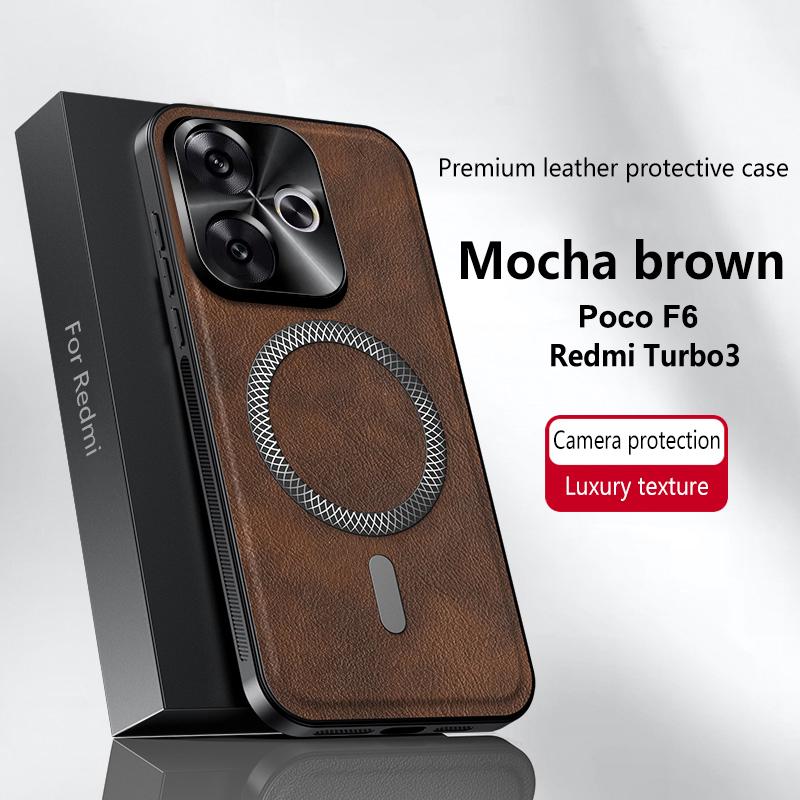 For Redmi Turbo 3 Poco F6 Case Magnetic Elegant Leather Wear-Resistant Lens Fully Covered Non-Slip Grip Edge Cover Shell
