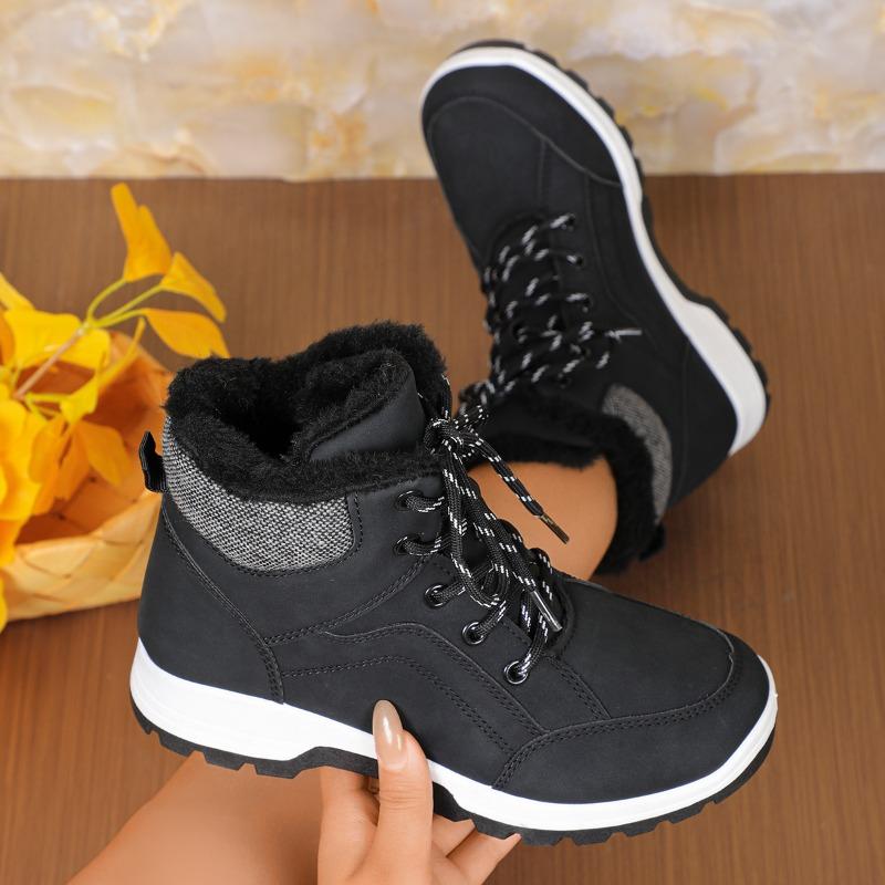 Modische verdickte Plüsch-Knöchelstiefel für Damen Winterstil Outdoor Schnür-PU-Leder Warme Baumwollstiefel Wasserdichte und rutschfeste Stiefel