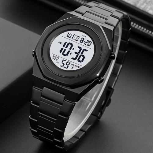 Zolohoni Men's Stainless Steel Digital Watch, Hexagonal Designer Watch with Alarm, Date Display, and Illumination, Waterproof, Black and White