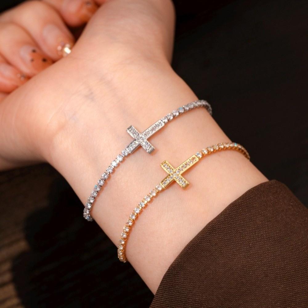Light Luxury Cross Bracelet Adjustable Elegant Fine Bangle Girl Gift Zircon Paved Bracelet Gift
