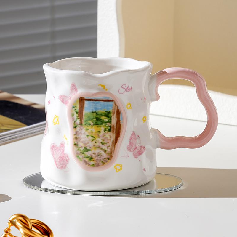 Oil Painting Wind Butterfly Love Flower Mug Coffee Cup Ceramic Water Cup Wind Breakfast Cup Girls Gift Niche