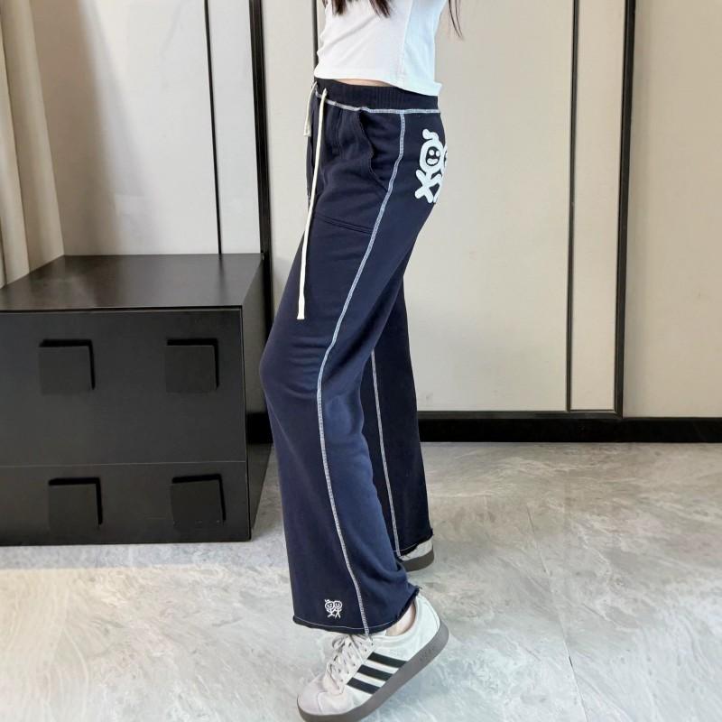Womens Embroidered Cropped Flare Joggers With Drawstring Waist Cotton Blend High-Waisted Casual Pants Fall