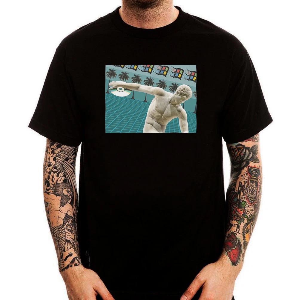 Vaporwave Disc Throwing Olympics Roman Statue Printed Cotton  T-Shirt Top 130