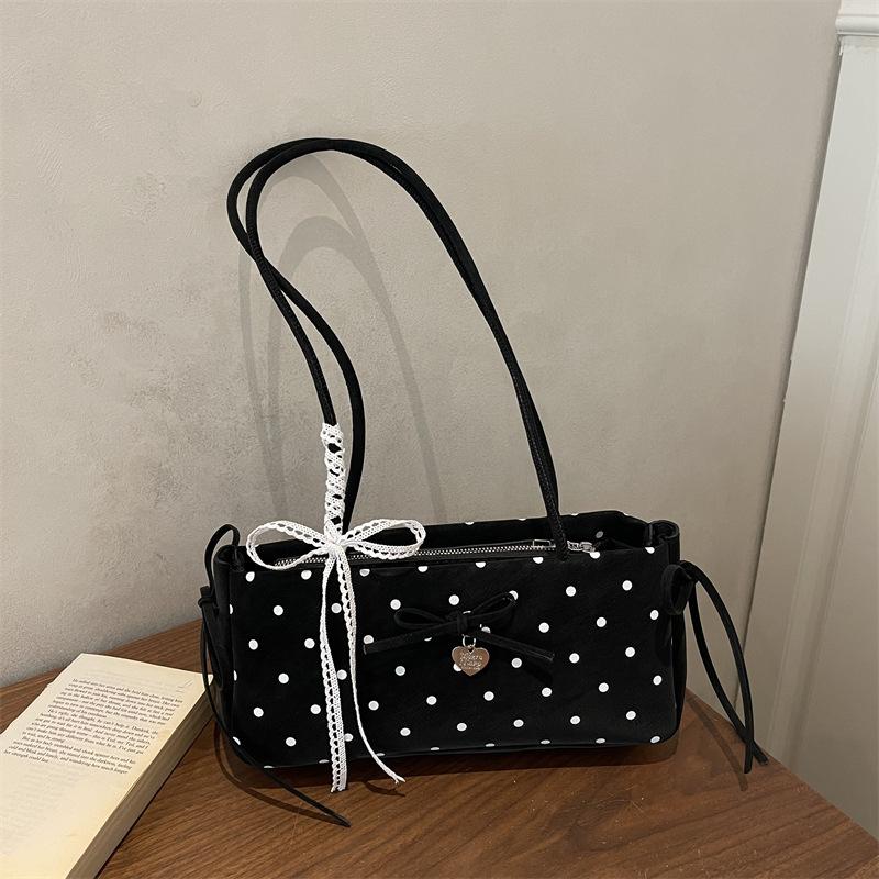 Gepunktete Spitzenrippen-Schulter-Achseltaschen für Damen Süße Schleifen-Mädchen-Kissenbeutel Einfache Vielseitige Tragbare Damen-Handtaschen