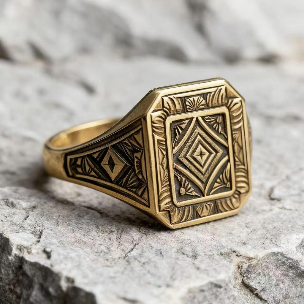 Eco-friendly 2025 Alloy Men's Ethnic Ring, Gold Imitation, Retro Engraved Patterns