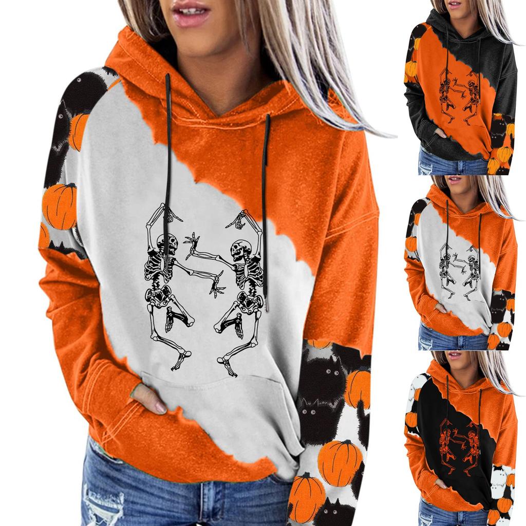 Women's Casual Fashion 2022 Halloween Print Long Sleeve Pullover Hooded Top