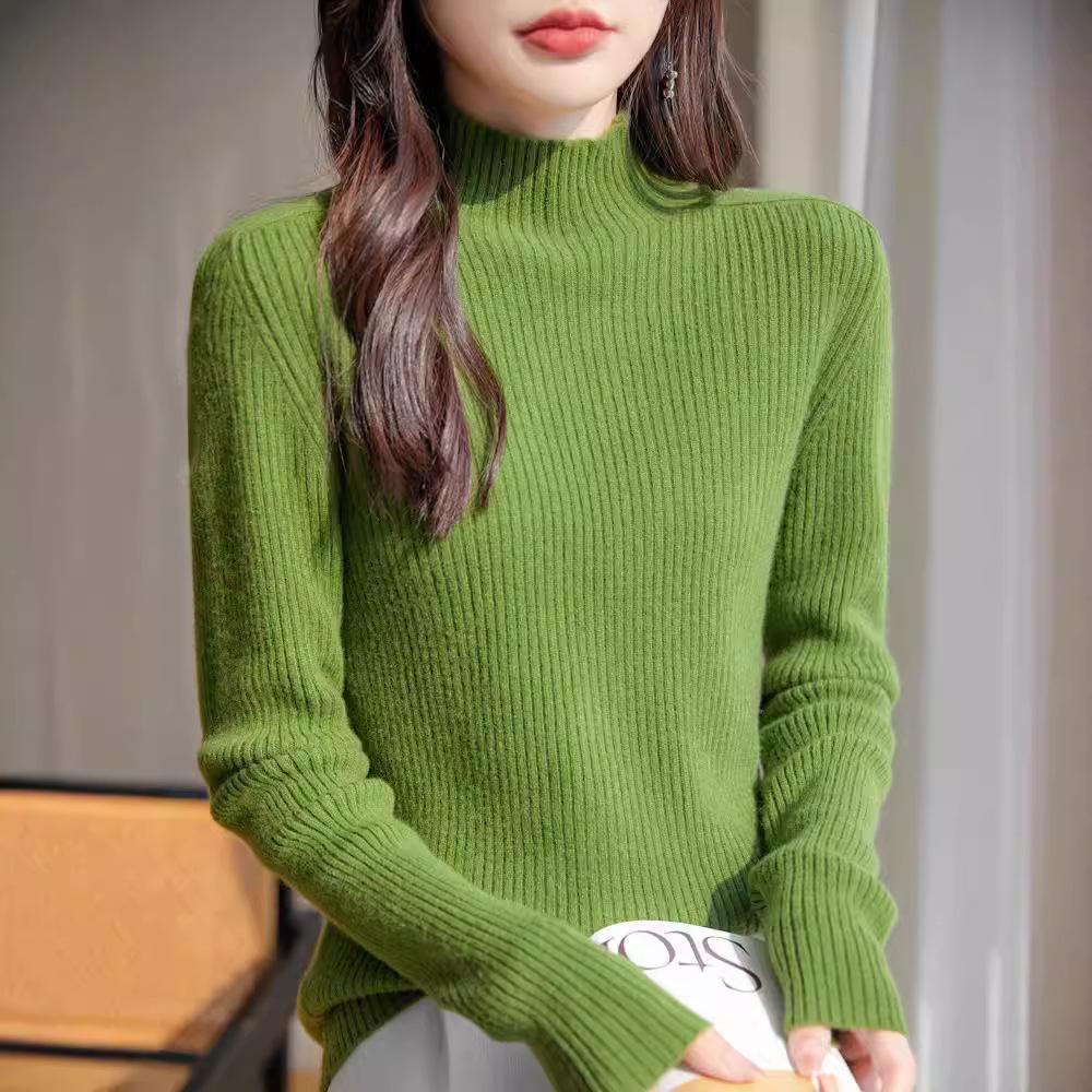 Maglione a collo alto a metà, tinta unita ispessito, pullover aderente, maglia a costine sottile per autunno e inverno, maglia di base