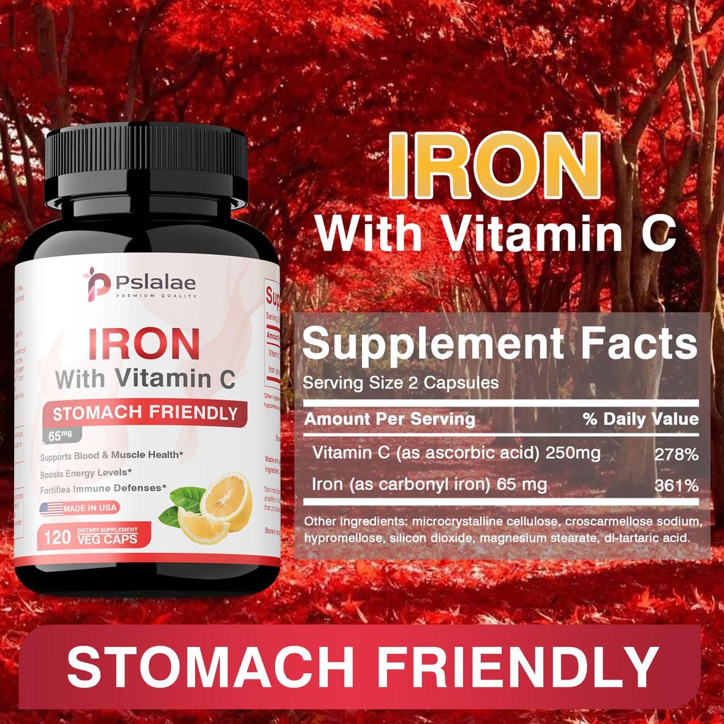 Pslalae Iron Capsules with Vitamin C for Supports Blood Health Boosts Energy Level Fortifies Immune Defenses for Women & Men