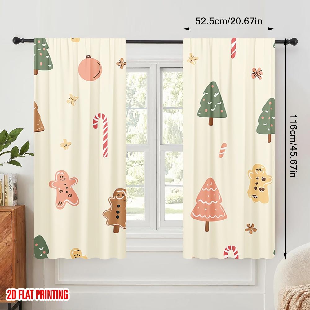 2pcs,2D Plane Printing Window Curtain Christmas Trees Gingerbread Candies SnowGlobe 100% Polyester (without Rod) Holiday Use for