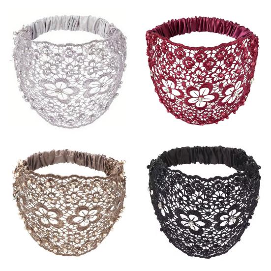4Pcs Women Headband Floral Lace Hollow Design Faux Pearls Hair Hoop Boho Style Wide Elastic Hair Accessories