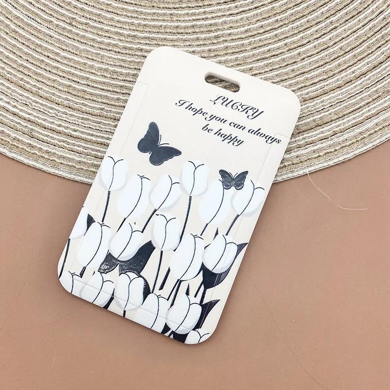 

1 Pcs Simple Black And White Flowers Card Holder Campus Student Work Permit Bank Card Bus Card ABS Plastic Cards Cover