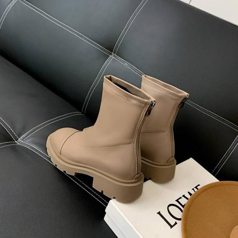 Autumn and Winter Women's Round Head Leather Martin Boots Solid Color Medium Heel Large Size Women's Boots Square Heel Comfortable Back Zipper Medium