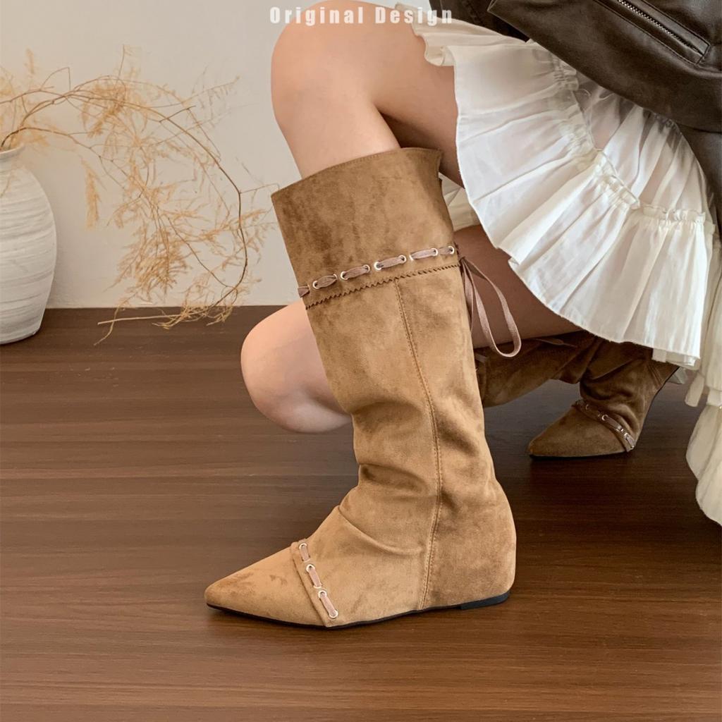 Retro pointed pleated piled boots women's foldable two-wear Spice Girl western cowboy boots inner height-increasing and thin boots