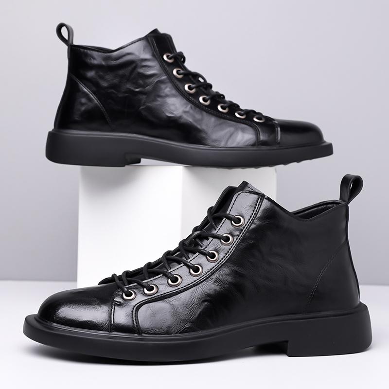 Men Black Shiny High Ankle Casual Work Boots Lace Up Flat Thick Anti Slip Sole Retro Daily Office Street Outdoor Ankle Shoes