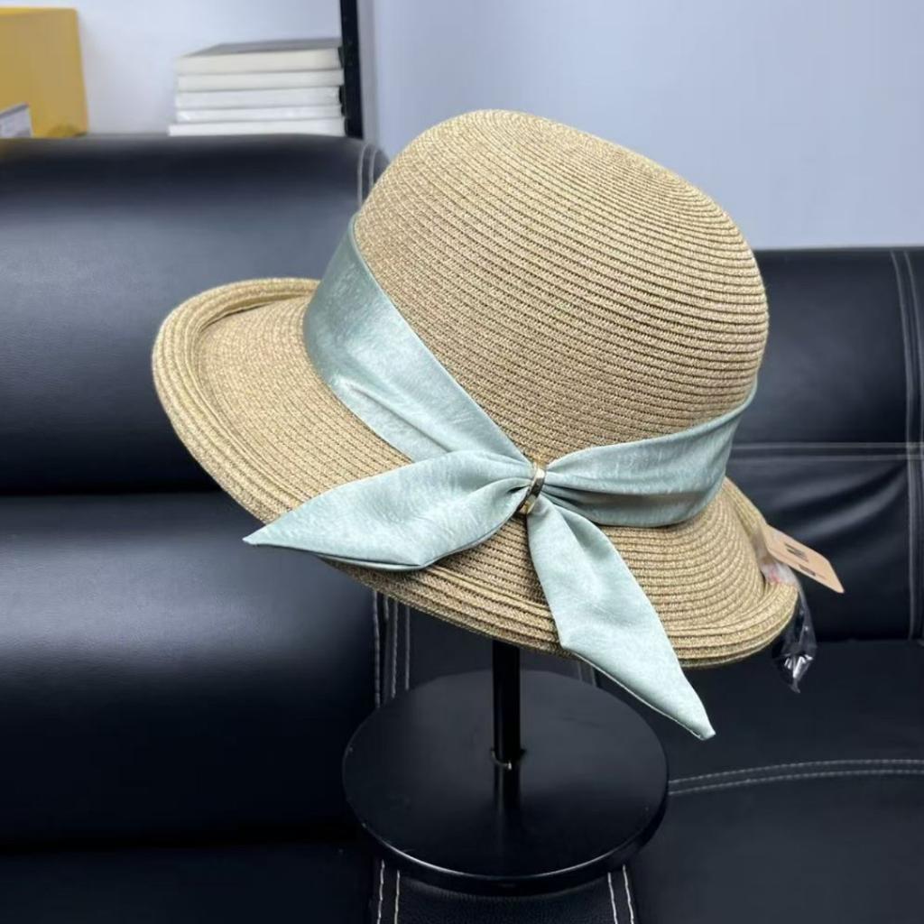 2026 Upgraded UV Protection French Elegant Straw Hat Women's Sun Single Bow Shade Basin Hat Sunscreen Beach Hat
