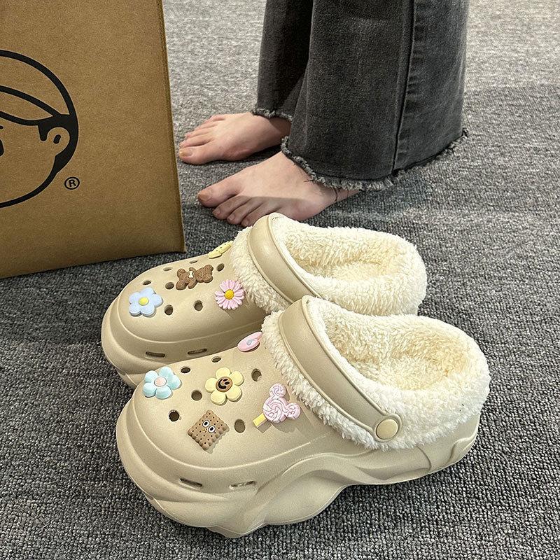 New velvet hole shoes women's winter non-slip outer wear cotton shoes heightened thick-soled home removable cotton slippers