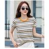 Women Multicolor Horizontal Stripe Crew Neck Short Sleeve Casual T Shirt