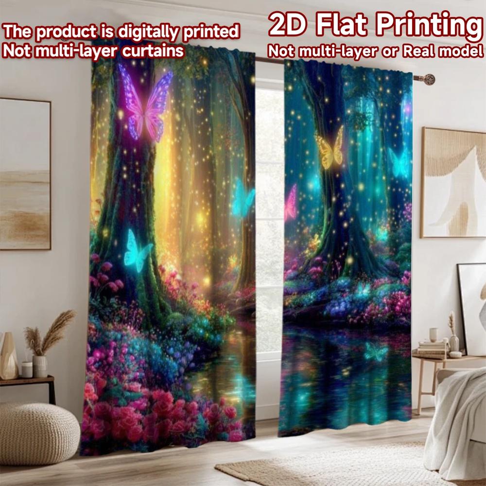 2D flat printing 2pcs Party Window Curtains Enchanted Forest Butterflies Glow Digital Printed Polyester Drapes Seasonal Party &