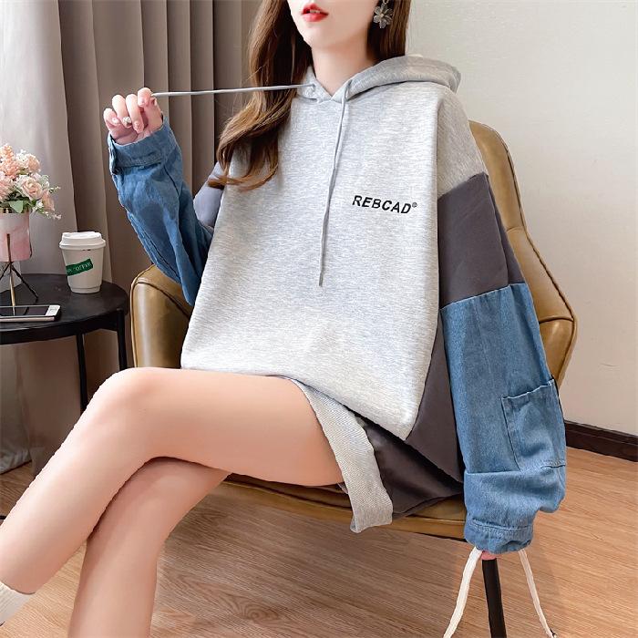 Women's Hooded Long Sleeve Oversized Casual Top Color Block Denim Splicing Letter Print Loose Fashion Hoodie Blouse