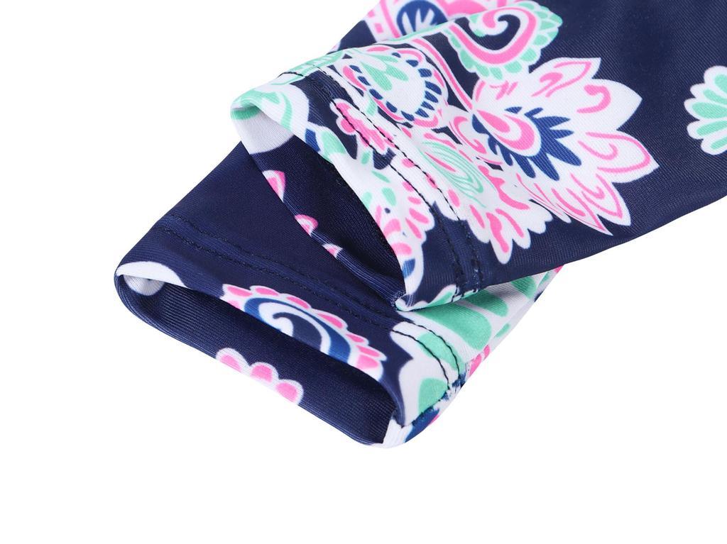 Tropical Plant Print Girls' Long-Sleeved Swimsuit Set with Ruffle Bottoms - Quick-Dry & Sun Protection