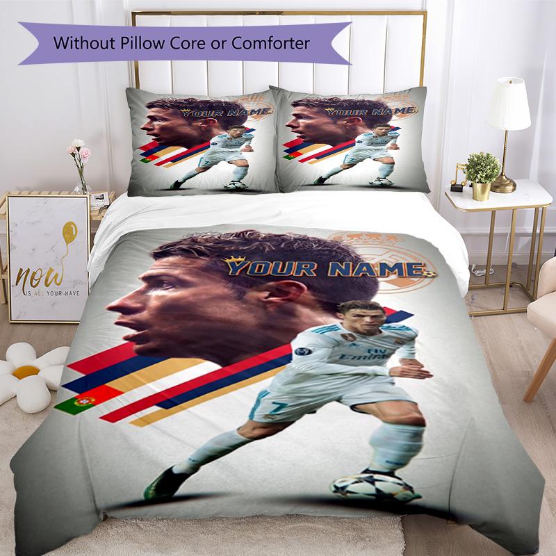 Cristiano Ronaldo Customizable Name Bed Sheet Set Perfect for Study Room Breathable Duvet Cover Custom Room Decor Birthday/Christmas Gift Idea