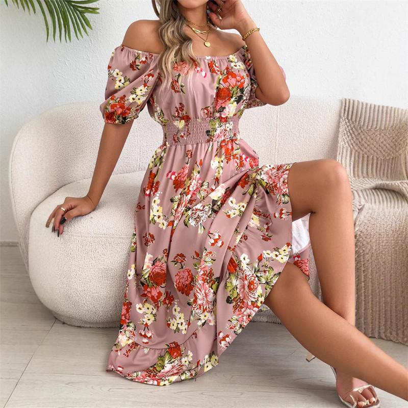 Off-the-shoulder Floral Print Vacation Beach Dress Women Ruffled Spring Summer Short-sleeved