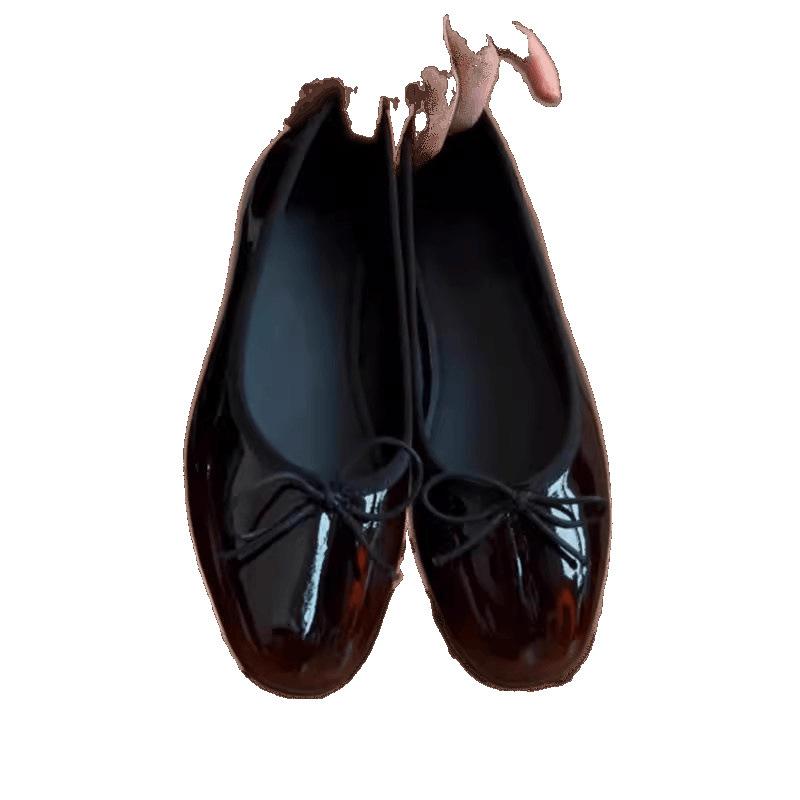 Versatile Flat-bottomed Bow Round-headed Ladyshoes Lazy One-pedal Commuter Ballet Shoes Patent Leather Single Shoes