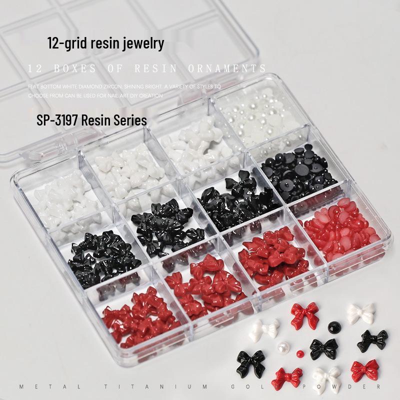 Nail Art Resin Mix: 12-Grid Pearls, Flowers, Hearts, Bows, Aurora, Irregular Diamonds
