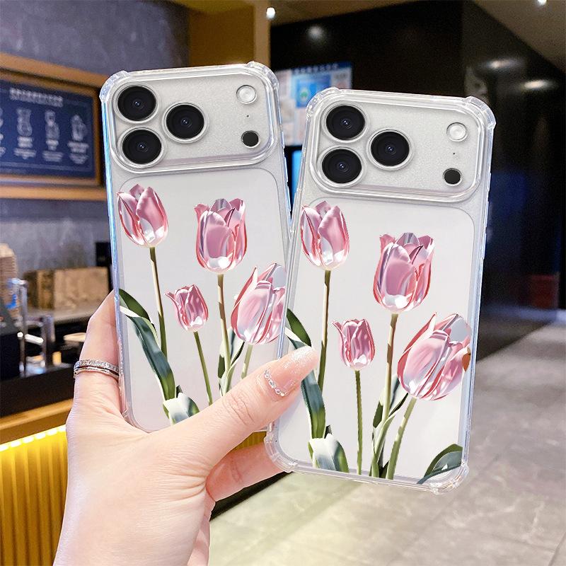 Foreign Trade Explosion Three-dimensional Pink Tulip Transparent Four Corners Anti-drop iPhone17promax Summer Mobile Phone Case