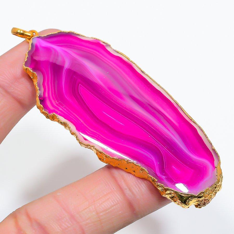 Pink Druzy Slice Gemstone 925 Sterling Silver Jewelry Pendant 3.27" GK-6296