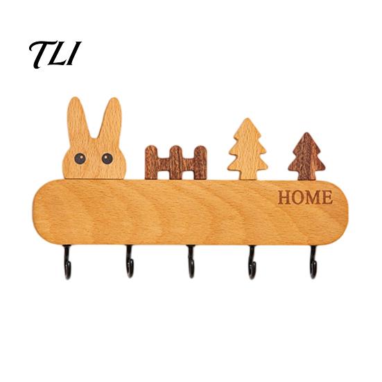 Heavy Duty Screw Fixation Hooks Wooden Key Holder with 5 Hooks, Cartoon House Theme Organizer, Multi Entryway Wall Storage Purpose Hanging Rack