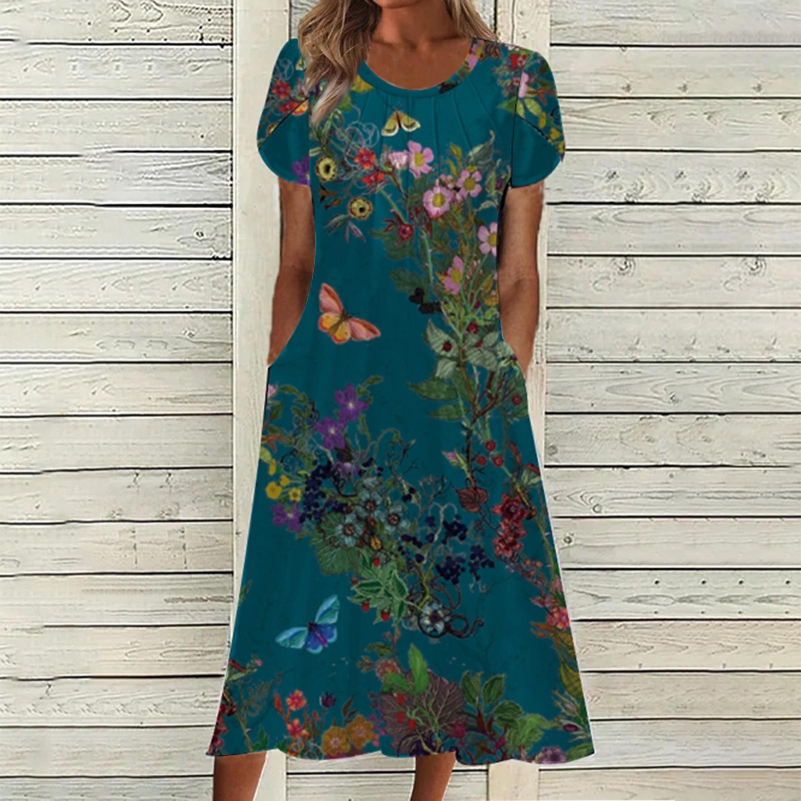 Women s Fashion Round Neck Floral Print Lace Sleeve Dress Pocket Long Dress L