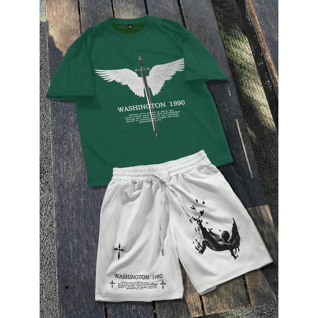 2026 Summer New Unisex Short-Sleeved Shorts Set with 3D Wings Pattern Print for Street Casual Fashion Comfortable and Soft