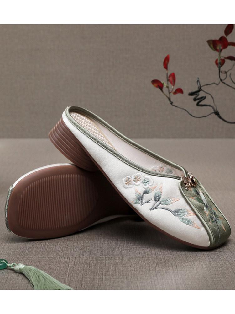 Fashion Home Slippers Women's Square Heel Loafers Slides Cover Toe Massage Block Floral Fabric Embroider Square Toe Block Heel Shoes Loa
