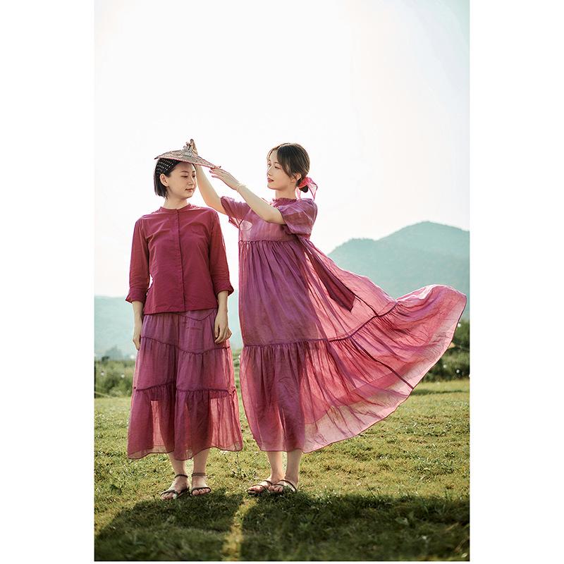 

2022 Summer Retro Plum Pink Linen Flowy Loose-Fit Fairy Dress Large сливовый/розовый