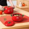 Green Apple Ceramic Binaural Soup Bowl with Cover Household Creative Student Dormitory Instant Noodles Pasta Bowl Tableware