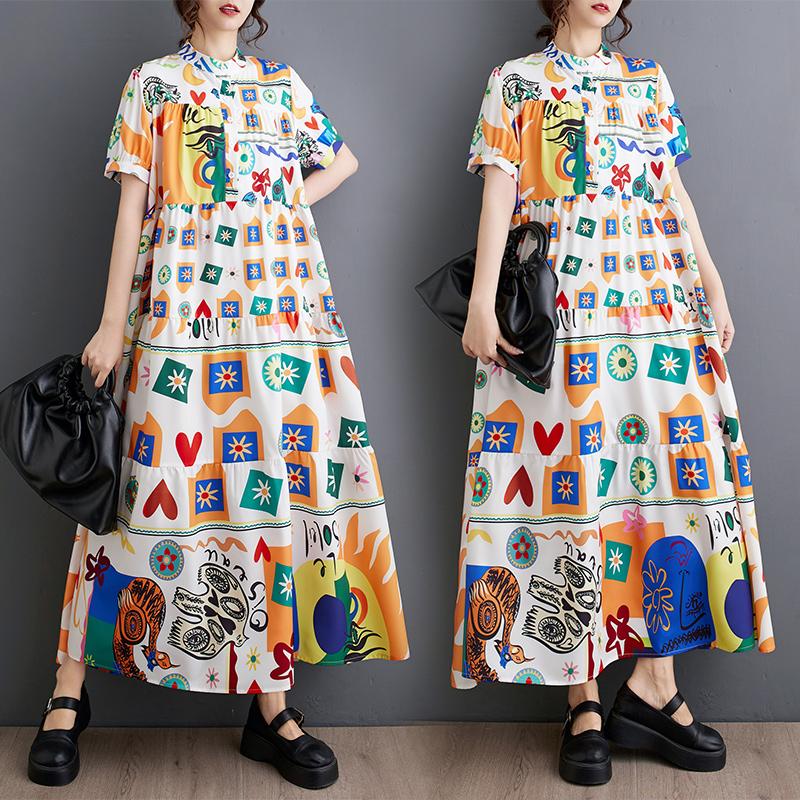 DIMANAF 2026 Estate Nuova Taglia Forte Donna Casual Stampa Scollo a O Manica Corta Bottoni Camicia Vestito Abbigliamento da Spiaggia