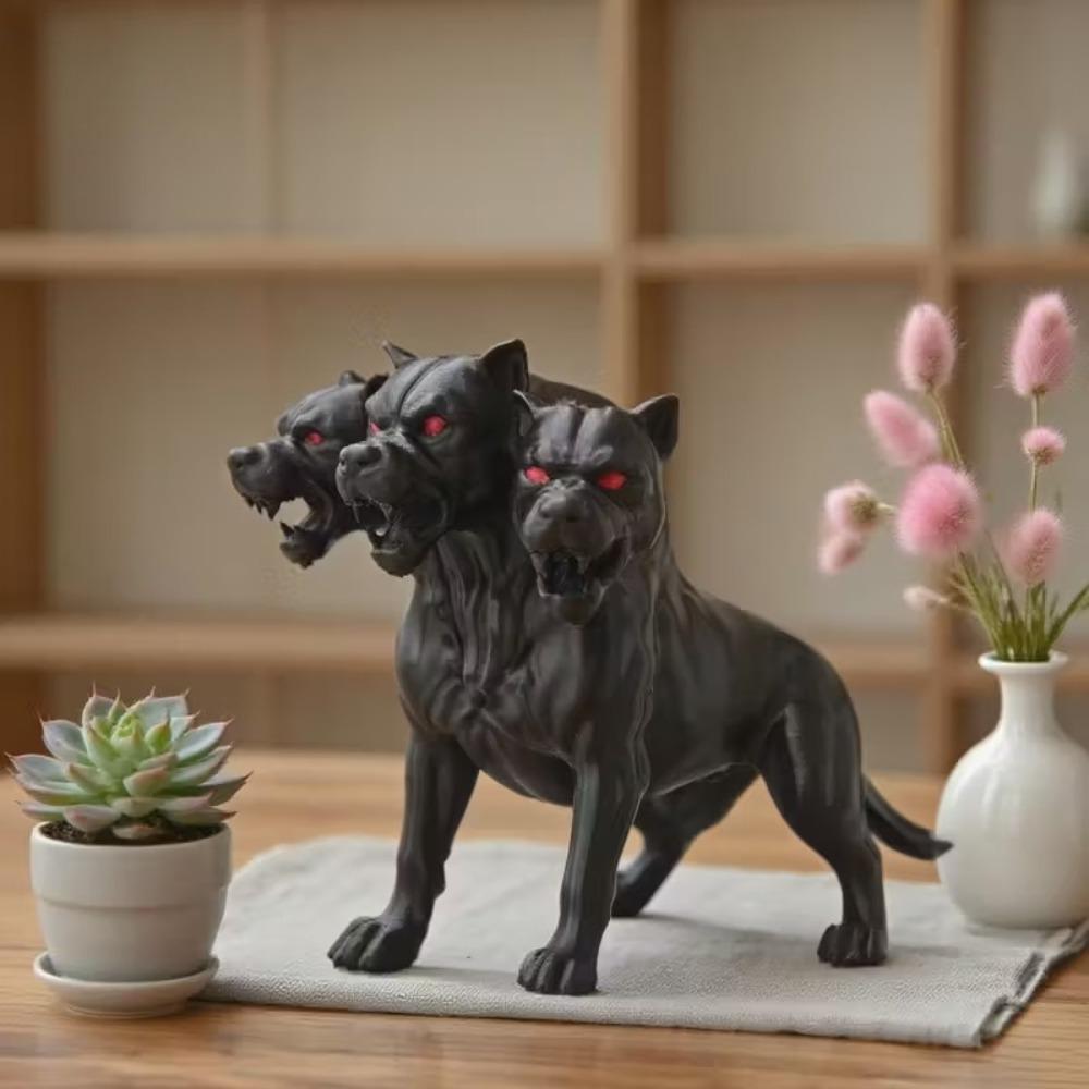 1pcs Gothic Style Three Headed Dog Statue - Hellhound Greek Mythical Simulation Animal Statue, Horror Black Halloween Decoration