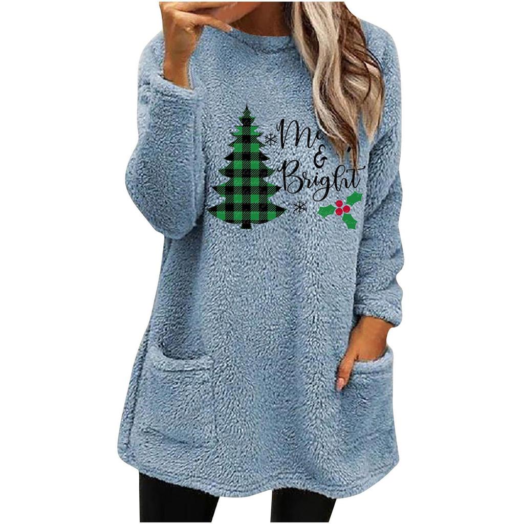 European & American Women's Christmas Tree Print Loose Plush Hoodie with Pockets