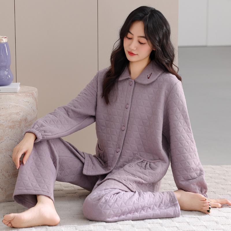Sandwich Pure Cotton Pajamas Women's Autumn and Winter Mother's Warm Air Cotton Padded Large Size Winter Loungewear Set
