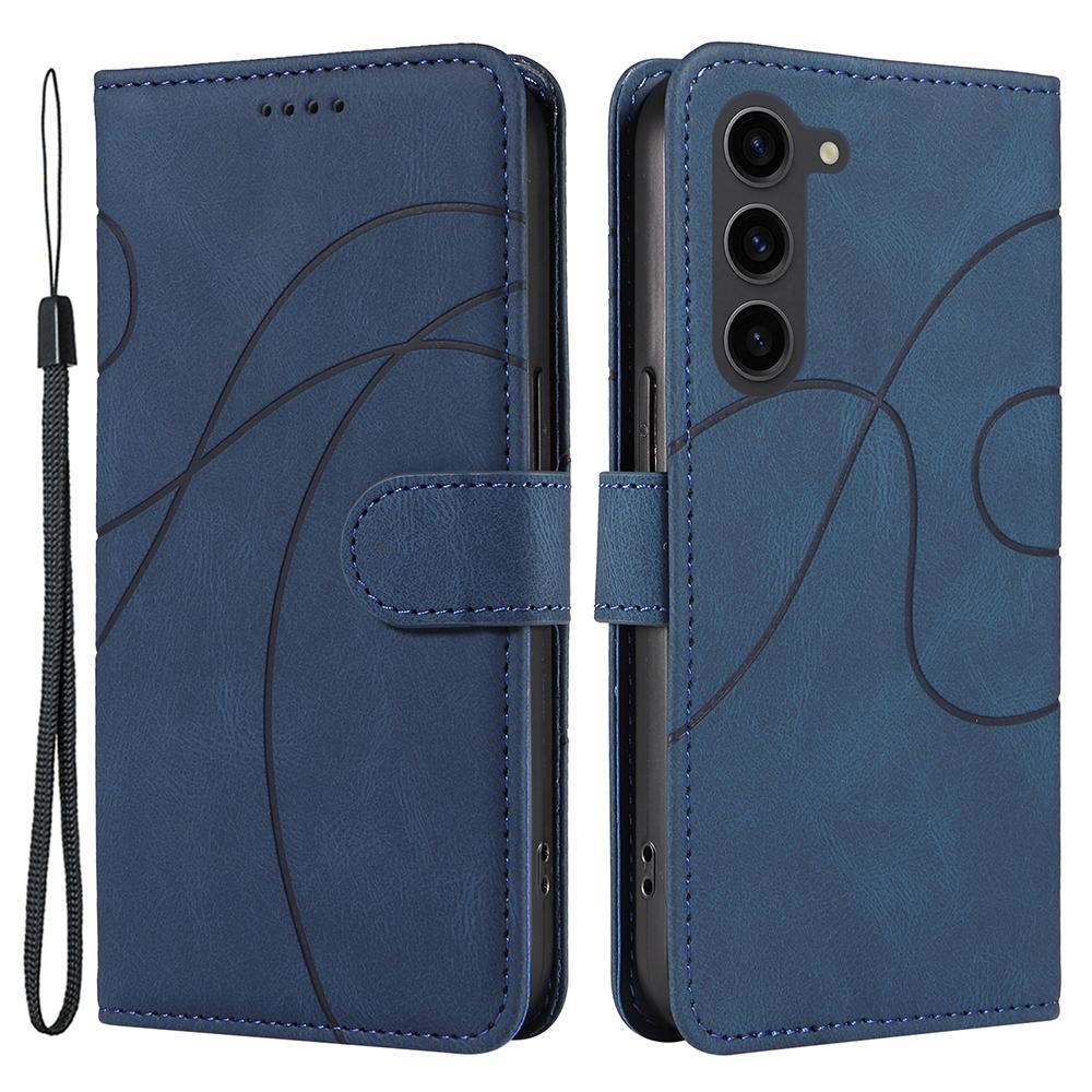 

For Samsung Galaxy S23 Phone Wallet Case PU Leather Imprinted Line Stand Smartphone Cover Blue