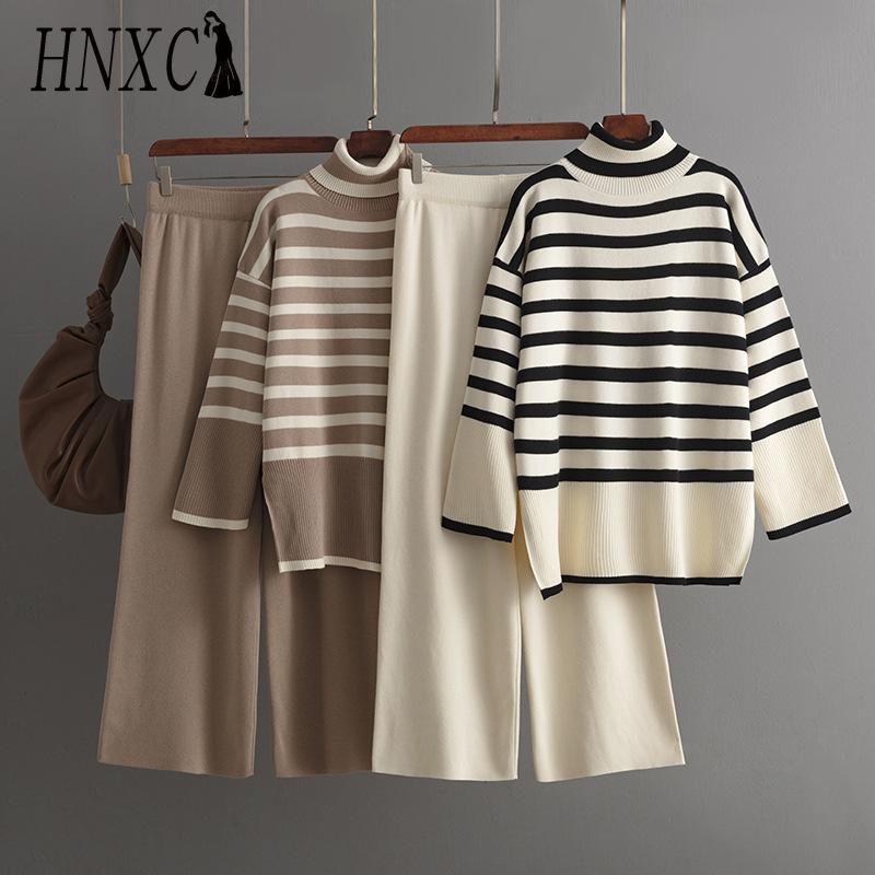 HNXC Striped High-neck Sweater, Women's Autumn and Winter Loose Design Knitted Sweater Pullovers, Two-piece Set