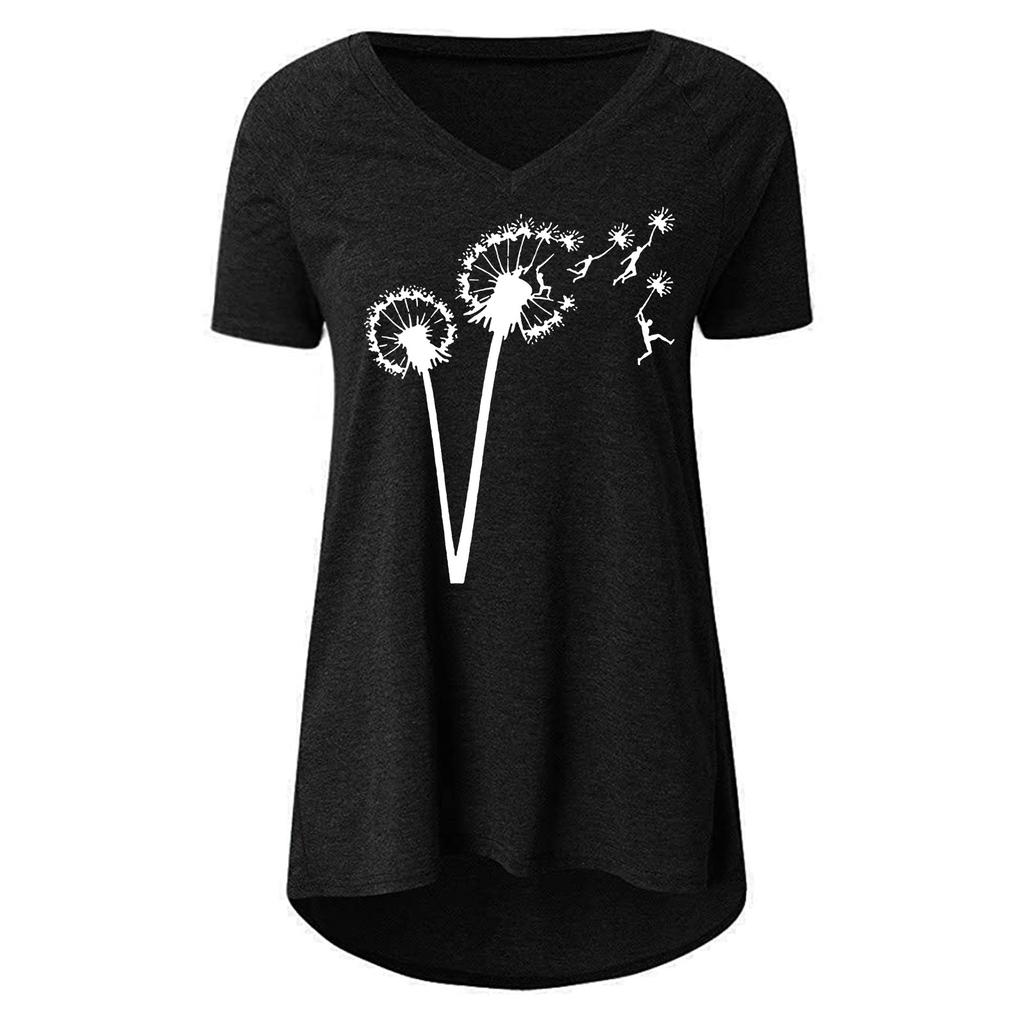 Women Fashion Casual Print V-Neck Loose Short Sleeve T-shirt Top Blouse Pullover