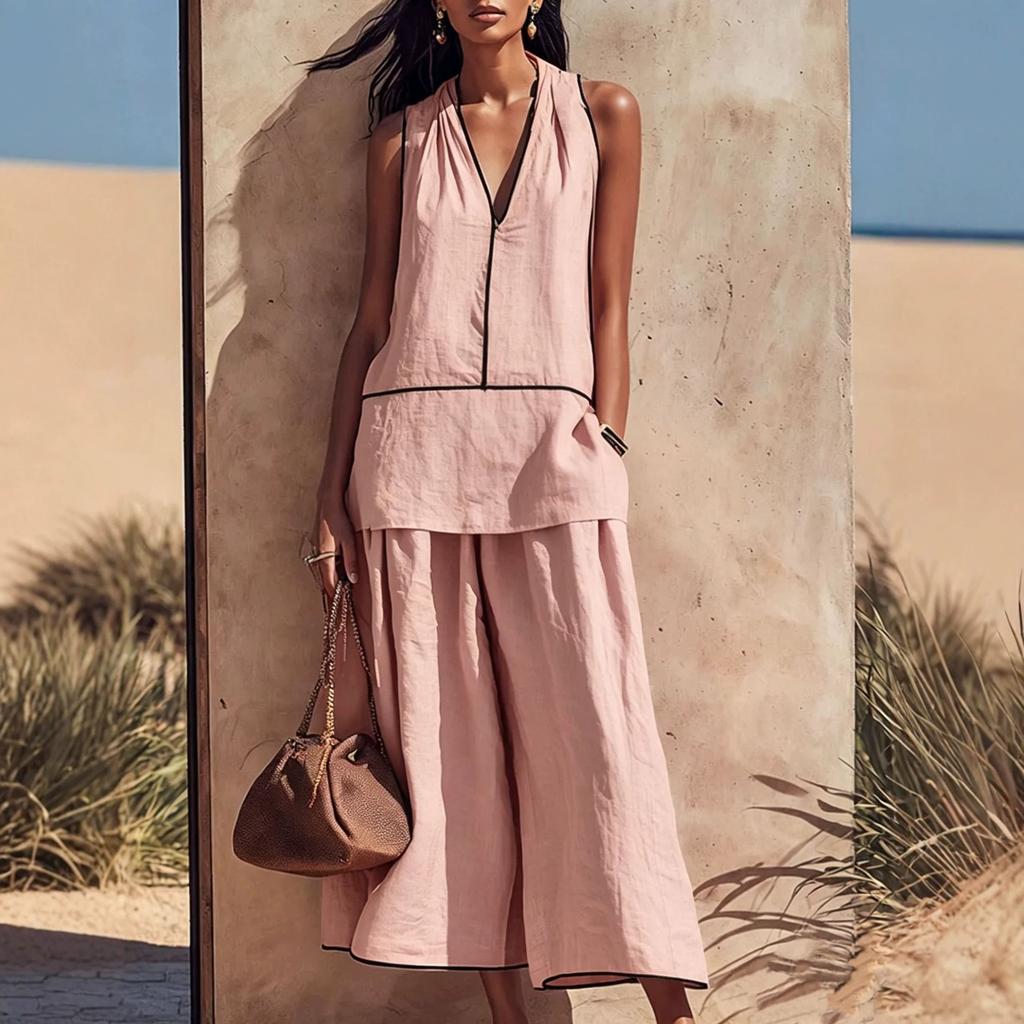 2026 European and American Cross-border Summer Neck V-neck Sleeveless Top Wide-leg Pants Vacation Wind Contrasting Color Edge Loose Suit