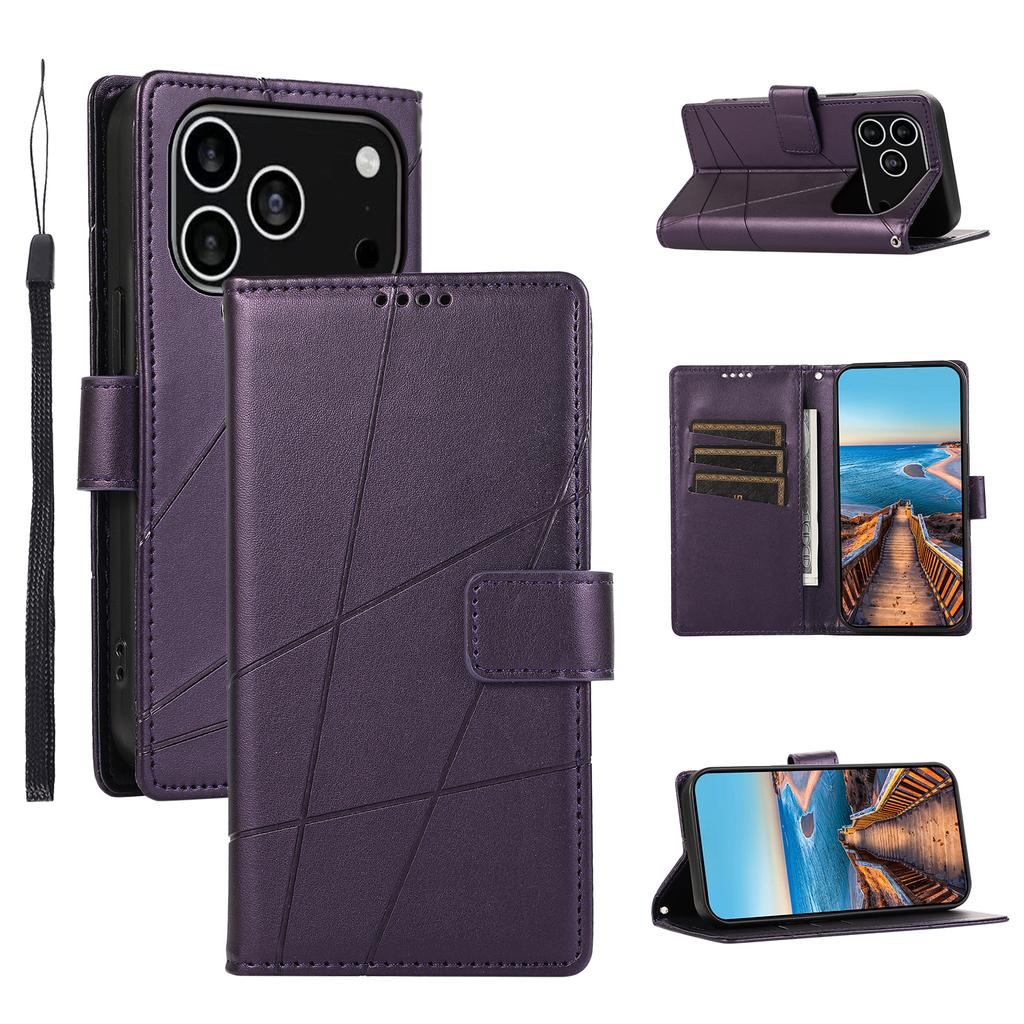 For iPhone 17 Pro Phone Case Line Imprint Leather Wallet Cover with Wrist Strap