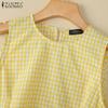 ZANZEA Women Casual Round Neck Sleeveless Plaid Print Dress Sundress