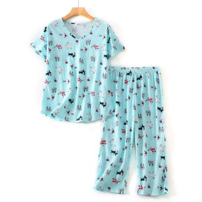 Women Cotton Pajama Set Short Sleeve Top with Capris Pants Sleepwear Set Summer Casual 2 Piece Lounge Set
