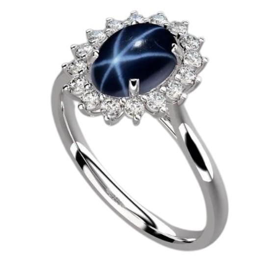 Star Sapphire Halo Ring in 925 Sterling Silver – Genuine Blue Star Sapphire, Handmade Ring For Her, Prong Setting Ring