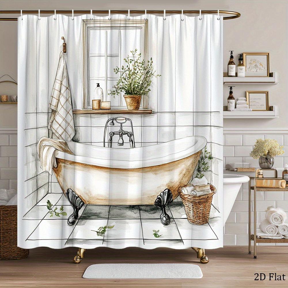 Textile Article Light Rustic Bathtub Shower Curtain Vintage Clawfoot Tub And Tile Design Polyester Bath Curtain With 12 Hooks For Cozy Decor